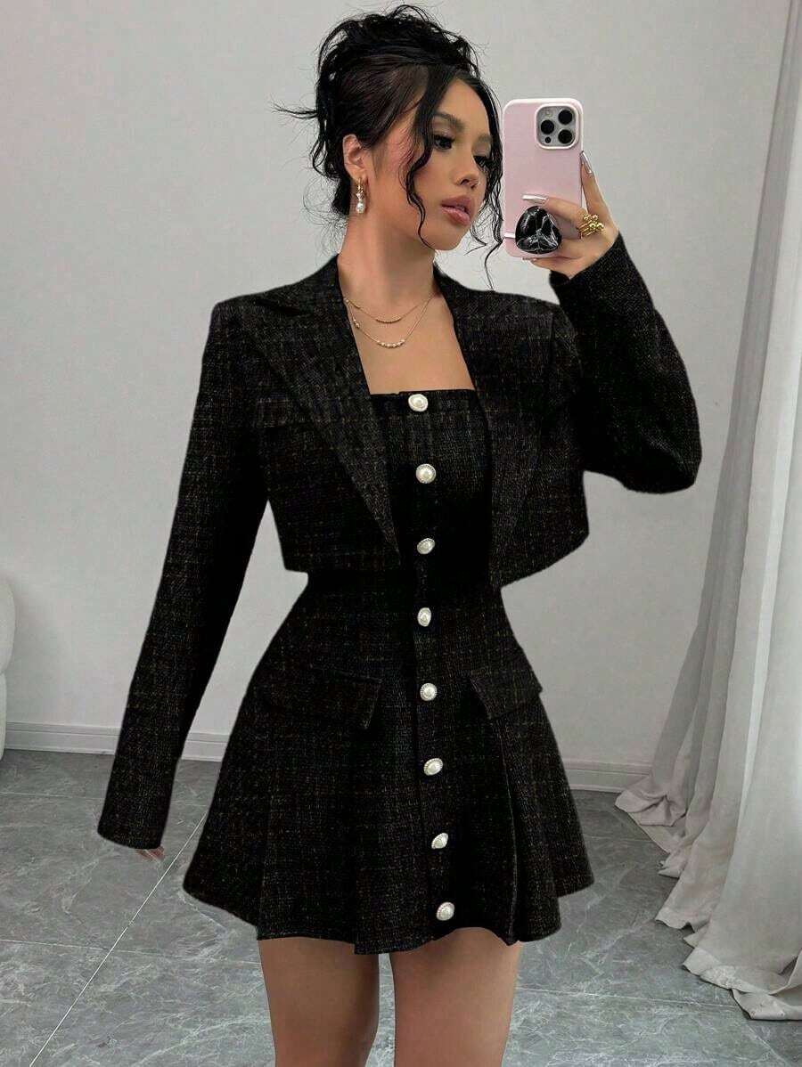 Set de 2 piezas  Traje sexy de fiesta: Vestido sin tirantes + Chaqueta corta, look elegante y de alta gama para mujeres - Negro - Ver 1