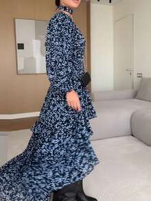 Vestido largo primavera 2026, holgado plisado con estampado, estilo casual elegante - Azul - Ver 4