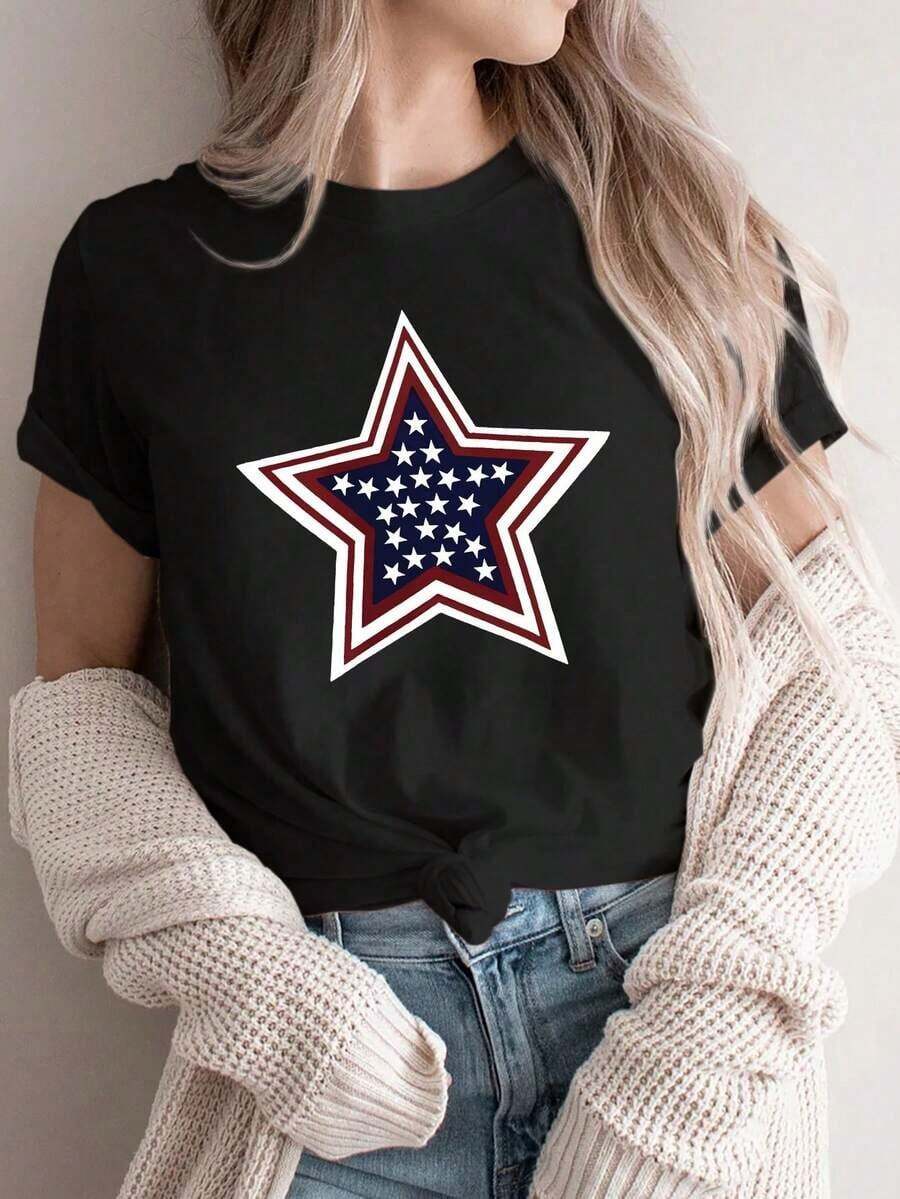Women's Retro American T-Shirt, 100% Cotton, Round Neck With Star And Stripe Print, Very Stretchy, Ideal For Theme Parties And Other Occasions, Machine Washable All Year Round, Star And Flag Design. - 黑色 - 查看 1