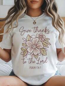 Camiseta de algodón 100% para mujer con estampado floral inspirador "Gracias, Señor" - Corte holgado, manga corta, cuello redondo, top casual para fiestas de verano y uso diario, transpirable y lavable a máquina, camiseta para mujer, comodidad diaria, diseño gráfico Animestyle, ropa cómoda. - Blanco - Ver 5