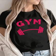 1 pieza clásica y versátil, camiseta de manga corta de algodón puro con estampado rosa en forma de barra y letras GYM, ideal para usar en cualquier estación. Estilo moderno - Negro - Ver 2