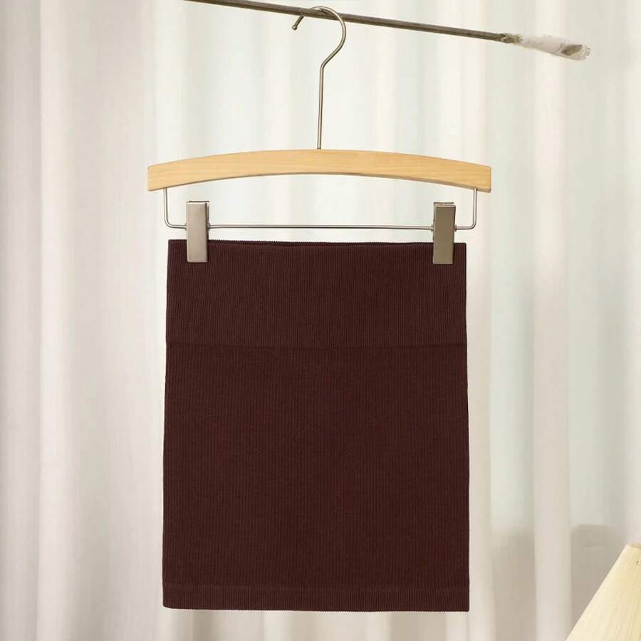 Women's Basic Elastic High Waist Fitted Pencil Mini Skirt, Summer Ribbed Knit Casual Short Skirt, Hip-Length Short Skirt, Fashion Streetwear - 棕色 - 查看 1