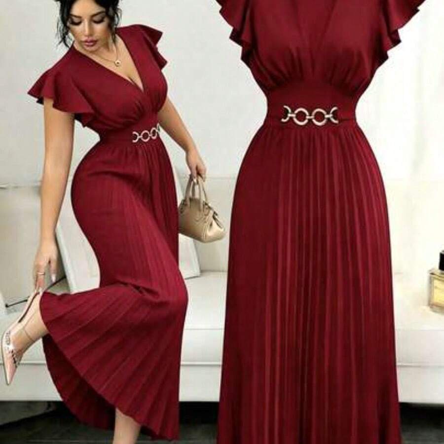 Elenzya New V-Neck Ruffle Sleeve Woven Solid Color Metal Decor Button Pleated Design Elegant Young Party Holiday Dinner Cocktail Maxi Dress For Women - Rojo - Ver 1