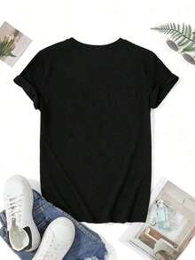 100% Cotton. One Piece Freddie Letter Print T-Shirt, Short Sleeve, Round Neck, Casual Top For Summer And Spring, Women's Clothing. 100% Cotton. Women's Simple Solid Color T-Shirt, Loose And Slim Fit Casual Short Sleeve - 黑色 - 查看 2