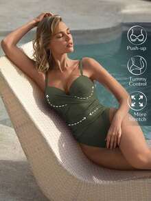 Swim Chiccia Traje de baño de una sola pieza para mujeres con pliegues unicolor y correa para la playa de verano - Verde militar - Ver 6