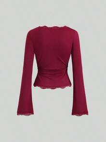 Conjunto de camiseta casual con cuello de encaje y mangas acampanadas estilo vintage francés para mujer, otoño - Multicolor 2 - Ver 4