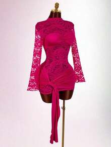 Blusa de encaje para mujer con vestido mini ajustado de tul rojo vintage con cordón en el bajo, estilo bohemio para fiesta - Rosa Fucsia - Ver 7
