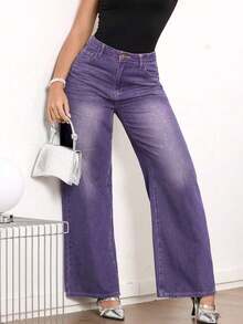 Jeans de pierna ancha de talle medio vintage para mujer - Uso casual elegante sin estiramiento - Morado - Ver 2