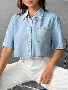 Camisa vaquera corta lavada informal para mujer - Lavado ligero - Ver 7