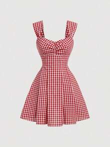 MOD Vestido Rojo & Blanco de Cuadros Plisado con Lazo sin Espalda para Picnic o Vacaciones de Verano - Rojo - Ver 1