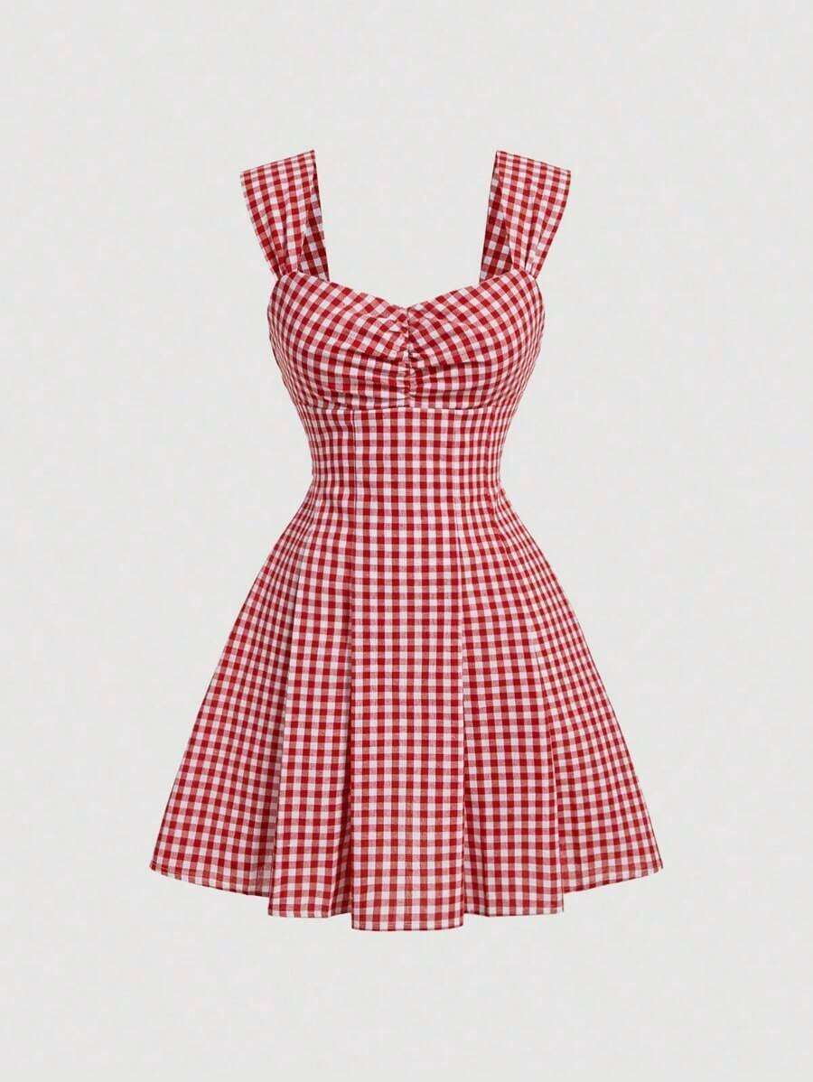 MOD Vestido Rojo & Blanco de Cuadros Plisado con Lazo sin Espalda para Picnic o Vacaciones de Verano - Rojo - Ver 1