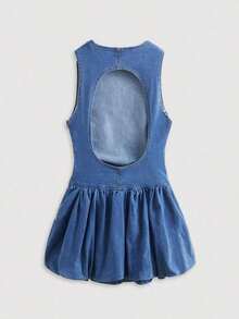 Vestido vaquero mini simple con cuello redondo, sin mangas y plisado de unicolor para mujer - Azul - Ver 5