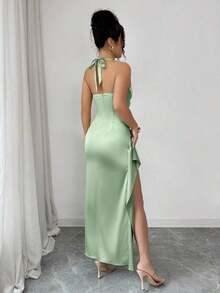 abyoxi Vestido de satén con tirantes finos, espalda descubierta y abertura alta, elegante y sexy, moda joven, adecuado para citas, cenas formales, vacaciones, bodas, cumpleaños, fiestas, vestido largo ajustado y elástico, para primavera/verano - Verde Claro - Ver 2