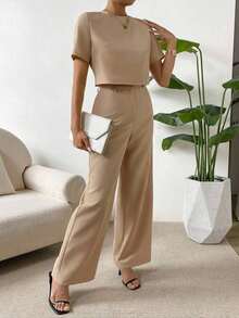 Camisa crop unicolor & Pantalones de pierna ancha - Camel - Ver 5