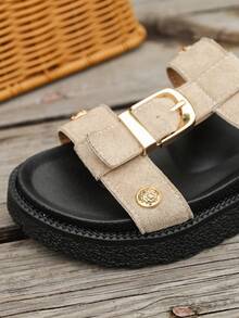 New Fashion Metal Buckle Decor, Platform Thick Bottom Slippers, Fashionable Slides, Comfortable Versatile Beach Sandals, Wedge Heels, Summer Shoes - Gray Velvet - View 8