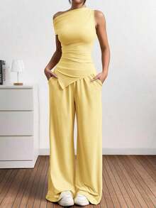 Set de 2 piezas de mujer con top de cuello asimétrico en unicolor y pantalones con bolsillos tejidos - amarillo ganso - Ver 6