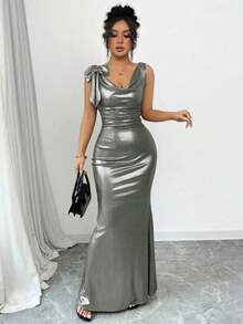Vestido largo con espalda descubierta y decoración de lazo en color liso para mujer - Plateado - Ver 3