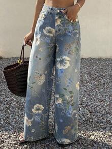 Jeans de pierna ancha con estampado floral, ajuste holgado para mujer, ideal para vacaciones de verano - Azul - Ver 1
