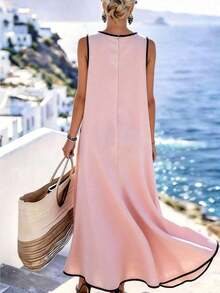 Holidaya Vestido casual de vacaciones con borde de color contrastante, bolsillo asimétrico, vestido largo casual, vestido de primavera/verano para mujer - Rosa Pálido - Ver 3