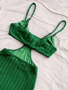 Camiseta de tirantes casual y sexy con recortes en la cintura, de tela con textura para vacaciones - Verde - Ver 3