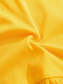 2 Potong Setelan Kasual Anak Perempuan, Atasan Tanpa Lengan Warna Polos dengan Desain Pita 3D dan Celana Panjang Lurus dengan Ikat Pita dan Pinggang Elastis - Kuning - View 9