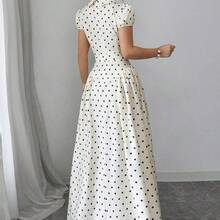 Elenzya Women's Woven Polka Dot Print Fabric Turndown Collar Button Front Gathered Lantern Sleeve Waist Gathered A-Line Elegant Vintage Fashion Business Commute Outing Holiday Black & White Polka Dot Dress, Spring/Summer - Marron oscuro - Ver 3