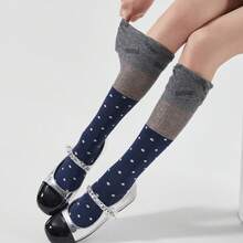 3 Pairs Polka Dot Patchwork Crew Socks, Skin-Friendly Breathable Fabric, Ruffle Trim, Letter Embroidery Design, Korean Style Contrast Color Crew Socks, Soft & Elastic, Slimming & Leg Lengthening, Versatile For Work, School, Daily Wear - Multicolor - View 3