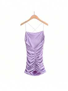 Vestido tirantes finos espalda super descubierta plisado elástico ajustado falda cadera estilo INS verano 2026 - Morado - Ver 2
