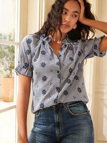 Blusa ajustada de manga corta con bordado de encaje hueco y estilo joven y elegante para mujer - Rojo - Ver 10