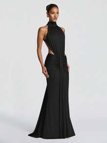 Vestido sirena largo unicolor primavera verano espalda descubierta ajustado para fiesta noche estilo europeo elegante moda nueva para mujer - Negro - Ver 6