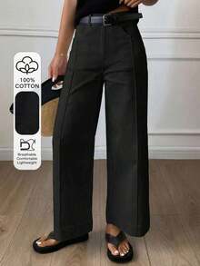 Pantalones holgados con vuelo y bolsillos para mujer, pantalones casuales de unicolor estilo callejero para otoño - Negro - Ver 1
