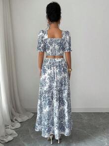 Elenzya Conjunto de blusa de manga corta con cuello cuadrado y estampado floral azul y blanco, y falda con cintura ceñida y bajo de cola de sirena.Elegante y encantador para uso diario, vacaciones, viajes, sexy, moda, citas, estilo callejero francés retro y versátil.Blusa de manga corta + conjunto de falda, base blanca con estampado azul, nuevo para primavera y verano - Multicolor 2 - Ver 2