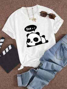 Camiseta de mujer, estampada con un diseño de panda durmiendo, linda camiseta de manga corta y cuello redondo de estilo casual. - Blanco - Ver 1