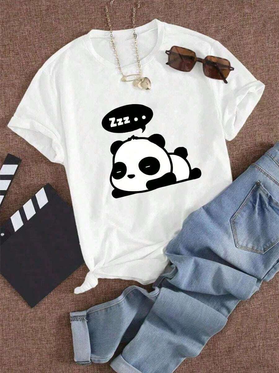Camiseta de mujer, estampada con un diseño de panda durmiendo, linda camiseta de manga corta y cuello redondo de estilo casual. - Blanco - Ver 1
