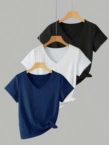 3 piezas Camiseta de mujer de cuello en V de manga corta, tops casuales versátiles clásicos, moda minimalista, adecuada para exteriores, fiestas, estudiantes, maestros, uso diario - Multicolor 5 - Ver 1