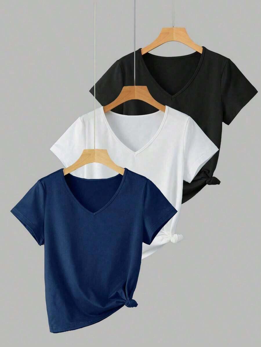 3 piezas Camiseta de mujer de cuello en V de manga corta, tops casuales versátiles clásicos, moda minimalista, adecuada para exteriores, fiestas, estudiantes, maestros, uso diario - Multicolor 5 - Ver 1