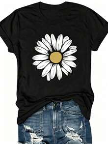 Camiseta de manga corta con estampado floral, camiseta informal con cuello redondo y estampado floral para mujer, camisetas gráficas para mujer - Negro - Ver 4