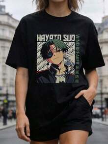Fashion Printed T‑Shirts for Women, Oversized Streetwear Tops, Comfortable and Stylish All‑Match Summer TeesCamiseta de manga corta de cuello redondo suave y casual de verano para mujer, con estampado vintage de personaje de anime Hayato Sudo Wind Breaker con texto en kanji. - Negro - Ver 1