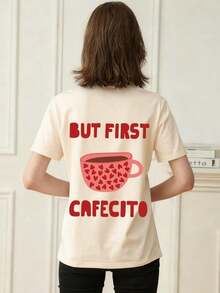 1 camiseta de verano para mujer con cuello redondo y manga corta, estampado de corazón rosa y taza de café, letras en inglés, corte holgado informal y versátil, adecuada para verano, playa, calle, uso diario, trabajo, fiesta de oficina, salida, festival, evento musical, Día de San Valentín, fiesta, color blanco. - Albaricoque - Ver 2
