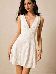 Vestido corto de mujer sin mangas de cuello en V profundo de unicolor minimalista - Blanco - Ver 4