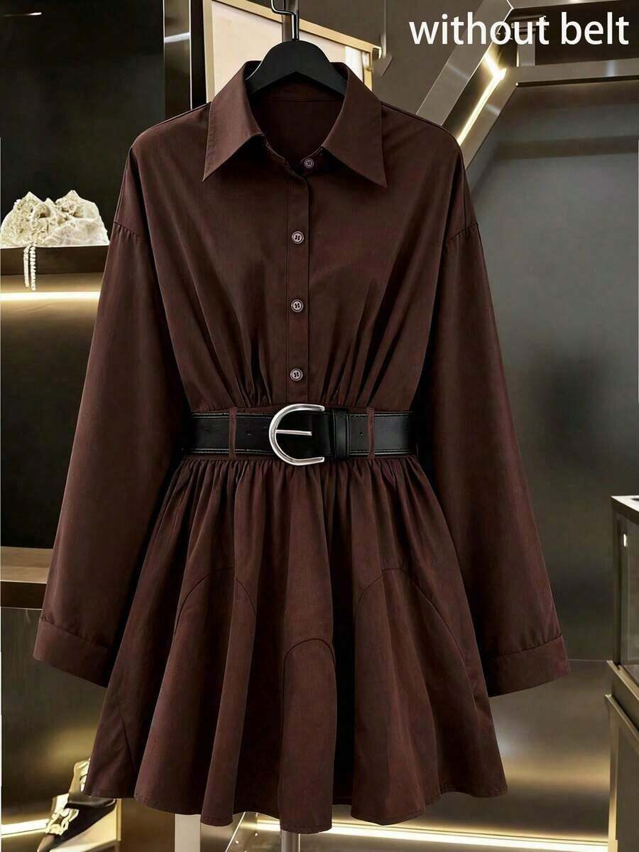Vestido de unicolor marrón con cintura ceñida/Falda estilo camisa vintage de ajuste ceñido, elegante y de moda para ir al trabajo, primavera y otoño - Café integral - Ver 1