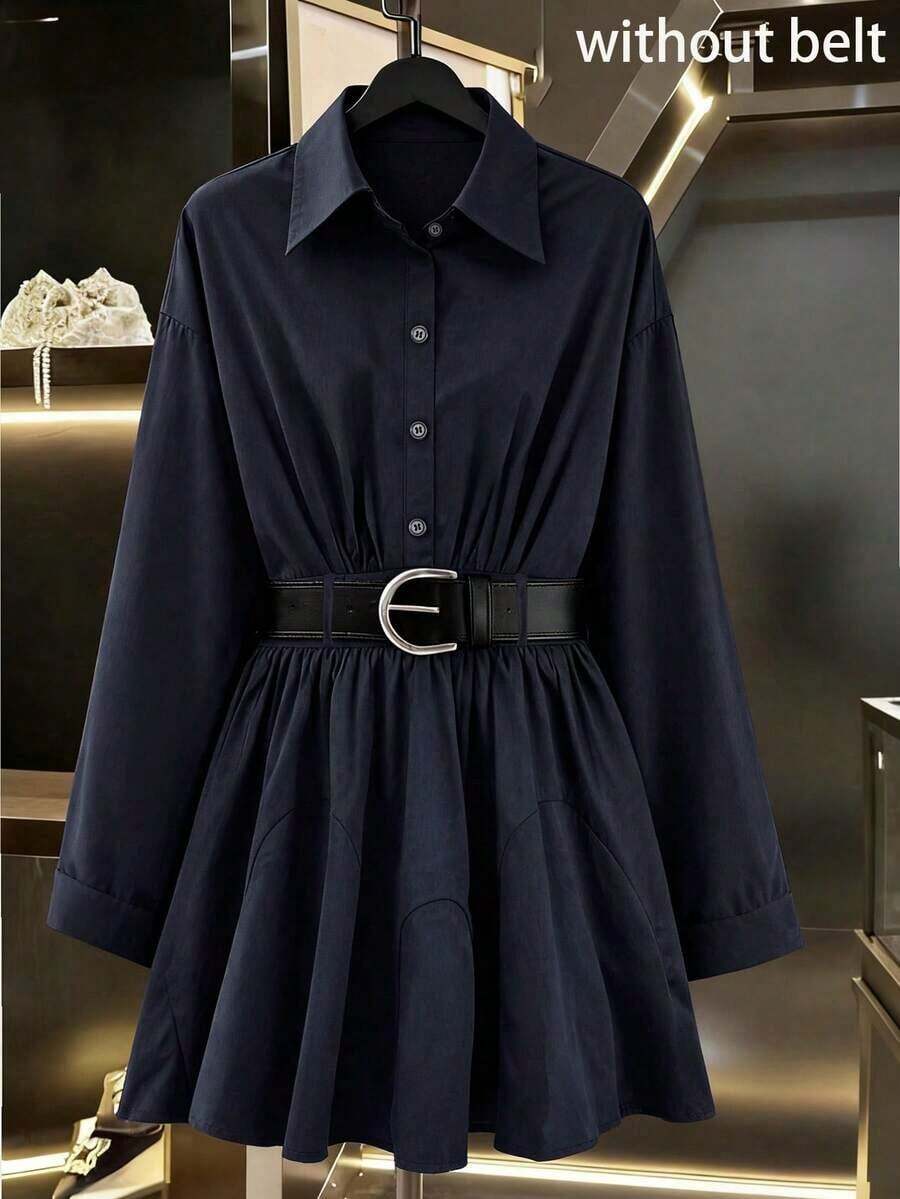 Vestido de unicolor marrón con cintura ceñida/Falda estilo camisa vintage de ajuste ceñido, elegante y de moda para ir al trabajo, primavera y otoño - Azul marino - Ver 1