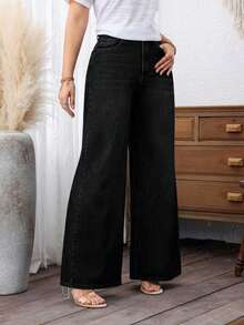 Jeans de uso diario simples de unicolor para mujer - Negro - Ver 6