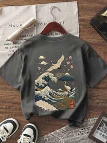 New Summer Short-Sleeved Round Neck T-Shirt, Casual Style With Wave And Japanese Crane Print, A Versatile And Elegant Blouse For Women - 深灰色 - 查看 2
