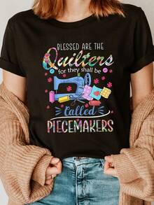 Camiseta de cuello redondo estampada con máquina de coser, top casual de manga corta para verano y primavera, ropa de mujer. - Negro - Ver 6