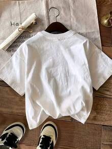 Camiseta manga corta cuello redondo 100% algodón, estampado trendy, tejido ligero y ventilado, estilo moda casual, apta para vida diaria, salidas informales y citas en primavera, verano y otoño - Blanco - Ver 2