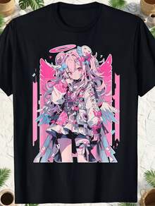 Camiseta con estampado gráfico, manga corta y cuello redondo, top casual para verano y primavera, ropa de mujer - Negro - Ver 2