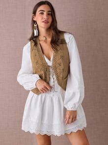 Chaqueta tipo chaleco con decoración de strass y cierre delantero en estilo western para mujer en otoño/invierno - Marrón - Ver 6