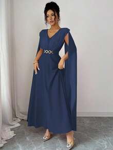 Nuevo vestido ligero con decoración de cinturón de cintura fruncida, diseño de lazo en la espalda, elegante y grácil vestido casual para la temporada de bodas y vacaciones - azul real - Ver 7