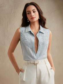 Blusa elegante sin mangas con cuello Mao, bordado floral y cuentas para mujer, estilo minimalista, fresco y grácil, encanto retro, adecuado para invitados de boda, Día de San Valentín - Azul - Ver 8